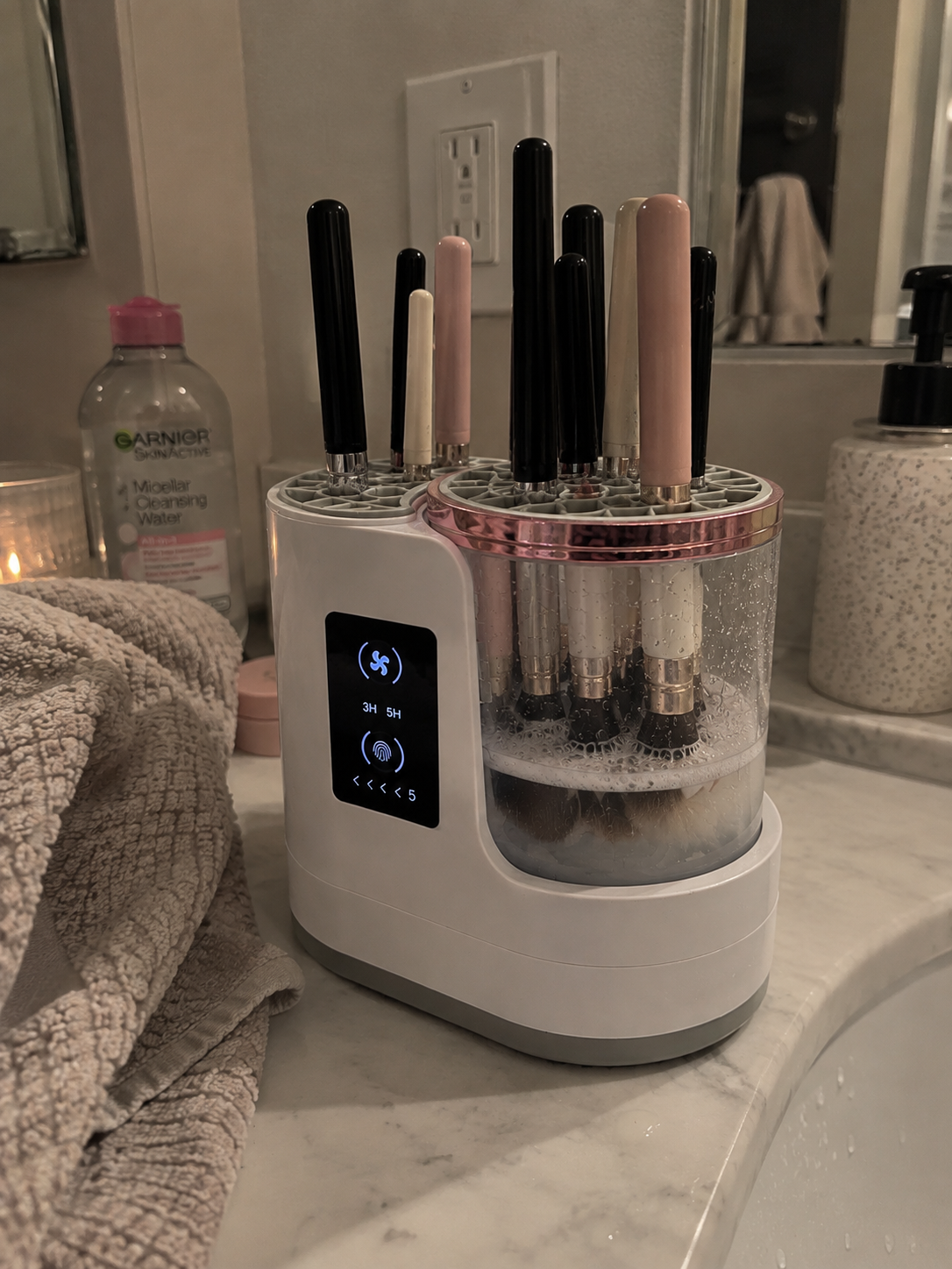 Zayaco brush cleaner at Mia R.’s vanity