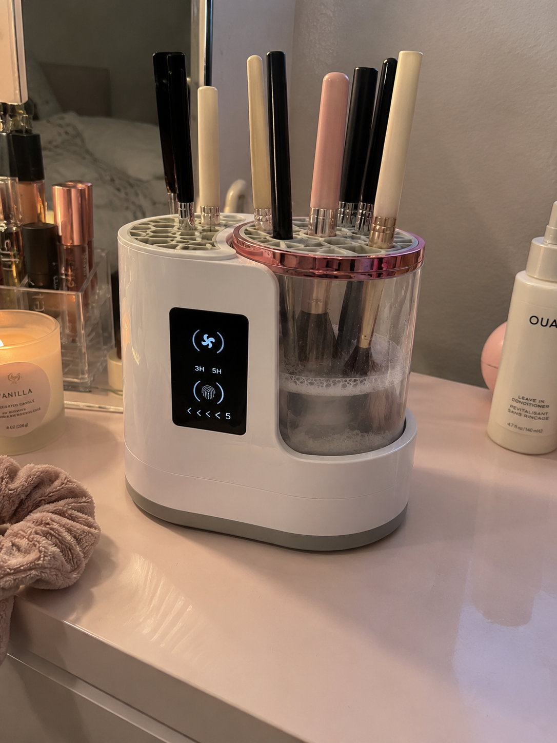 Zayaco brush cleaner at Amelia K.’s vanity