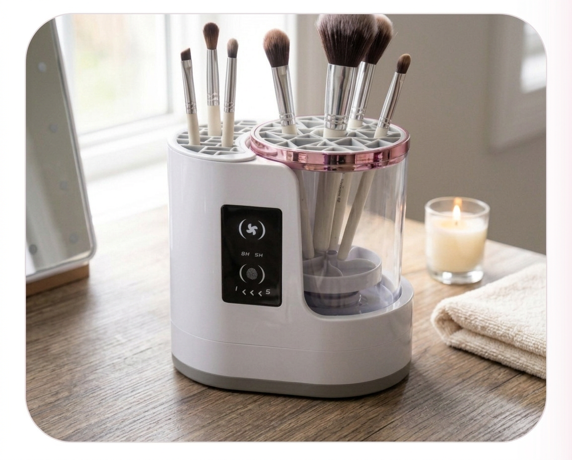 Clean makeup brushes air-drying on the Zayaco brush holder