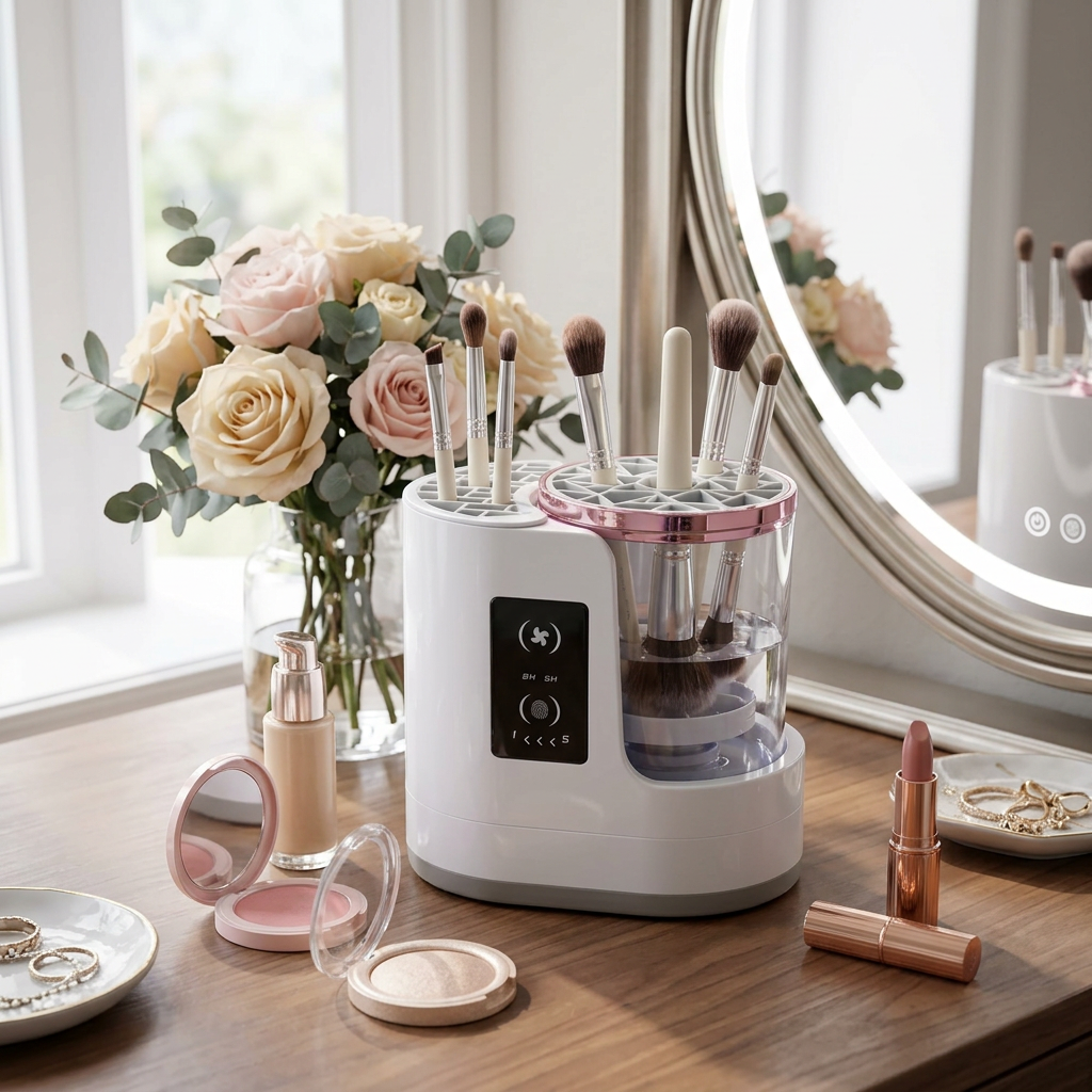 Zayaco Electric Makeup Brush Cleaner styled on a pink vanity with brushes