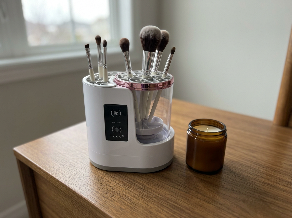 Pink vanity styled with brushes and Zayaco
